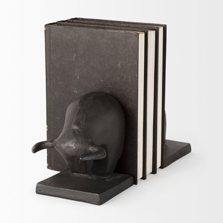 Tauro III (Set of 2) 10L x 5W Black Cast Aluminum Raging Bull Bookends from Mercana - Luna Furniture
