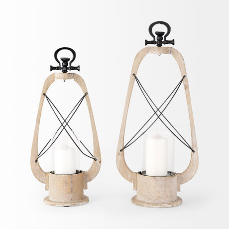Zain II Large Brown Wooden Vintage Inspired Candle Holder Lantern from Mercana - Luna Furniture