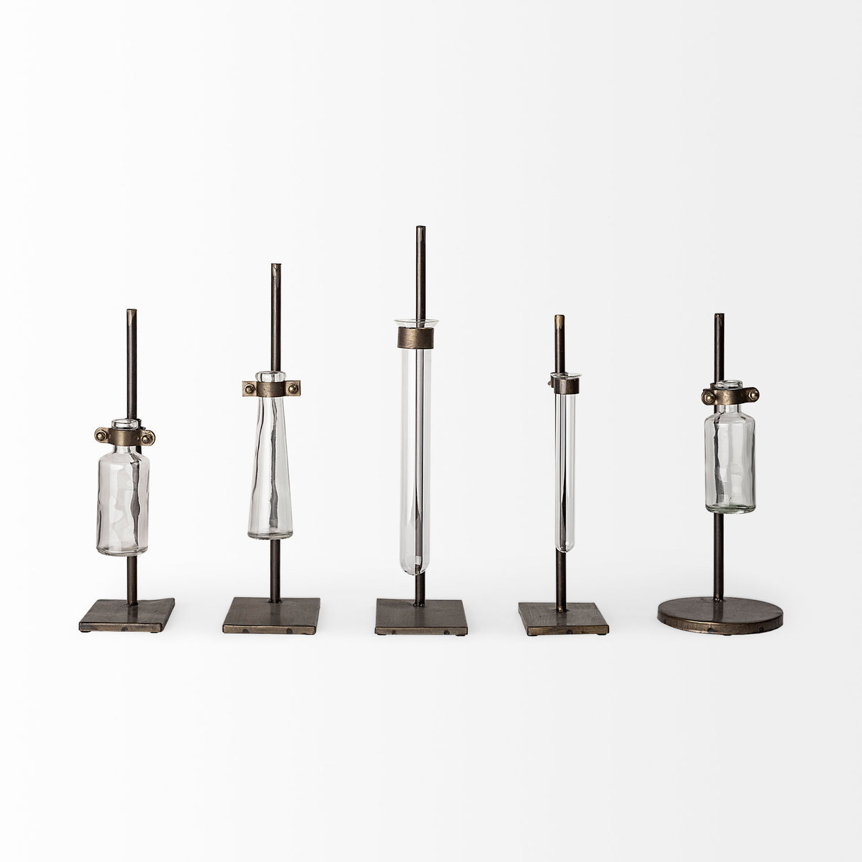 Jarvis Set of Five Dark Brown Metal and Glass Chemistry Inspired Bottles from Mercana - Luna Furniture