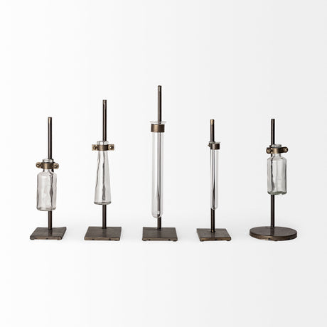 Jarvis Set of Five Dark Brown Metal and Glass Chemistry Inspired Bottles from Mercana - Luna Furniture