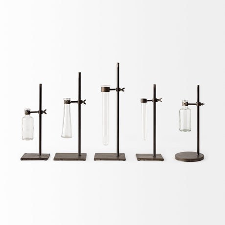 Jarvis Set of Five Dark Brown Metal and Glass Chemistry Inspired Bottles from Mercana - Luna Furniture
