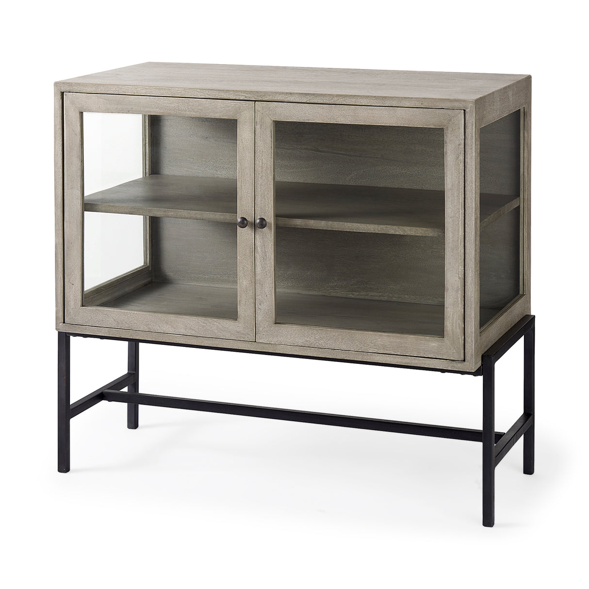Arelius 36L x 18W x 32H Gray Wood, Black Metal Base w/ 2 Glass Doors Accent Cabinet from Mercana - Luna Furniture