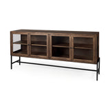 Arelius 70L x 18.75W x 32H Medium Brown, Black Metal Base w/ 4 Glass Door Cabinets Sideboard from Mercana - Luna Furniture