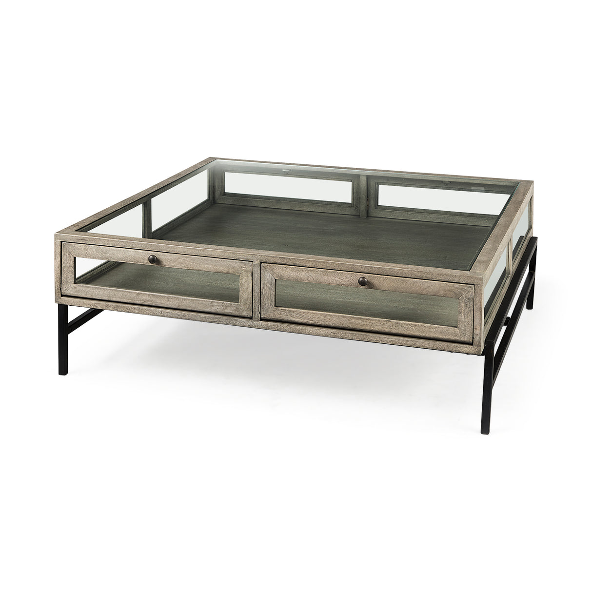 Arelius 42" Square Glass-Top Gray Wood w/ Black Metal Base Display Coffee Table from Mercana - Luna Furniture