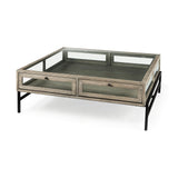 Arelius 42" Square Glass-Top Gray Wood w/ Black Metal Base Display Coffee Table from Mercana - Luna Furniture