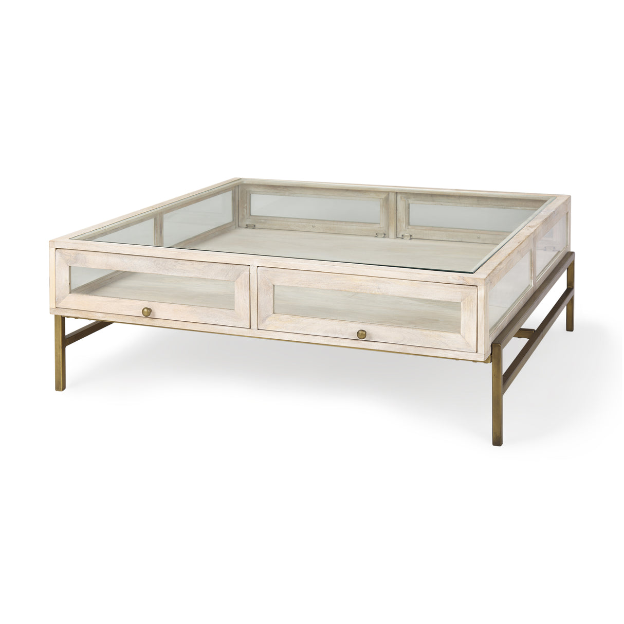 Arelius 42" Square Glass-Top White Wood w/ Gold Metal Base Display Coffee Table from Mercana - Luna Furniture