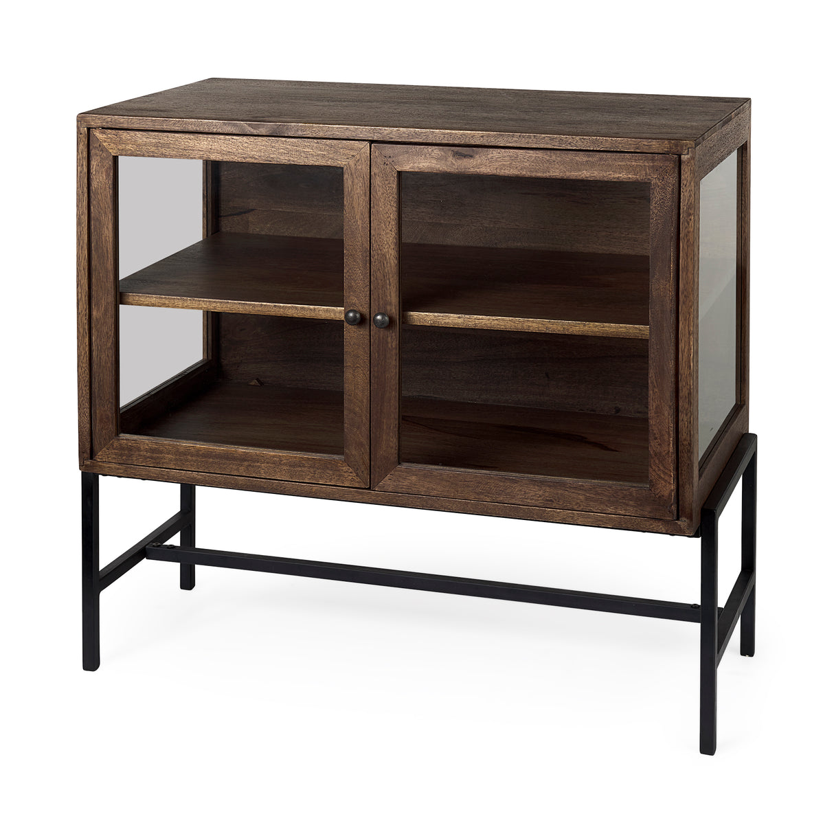 Arelius 36L x 18W x 32H Medium Brown Wood, Black Metal Base w/ 2 Glass Doors Accent Cabinet from Mercana - Luna Furniture