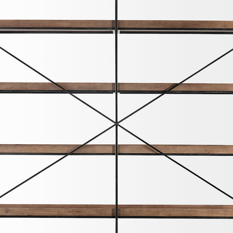 Trey IV 80L x 16W x 87.5H Medium Brown Wood and Iron Five Tray Shelf Shelving Unit from Mercana - Luna Furniture