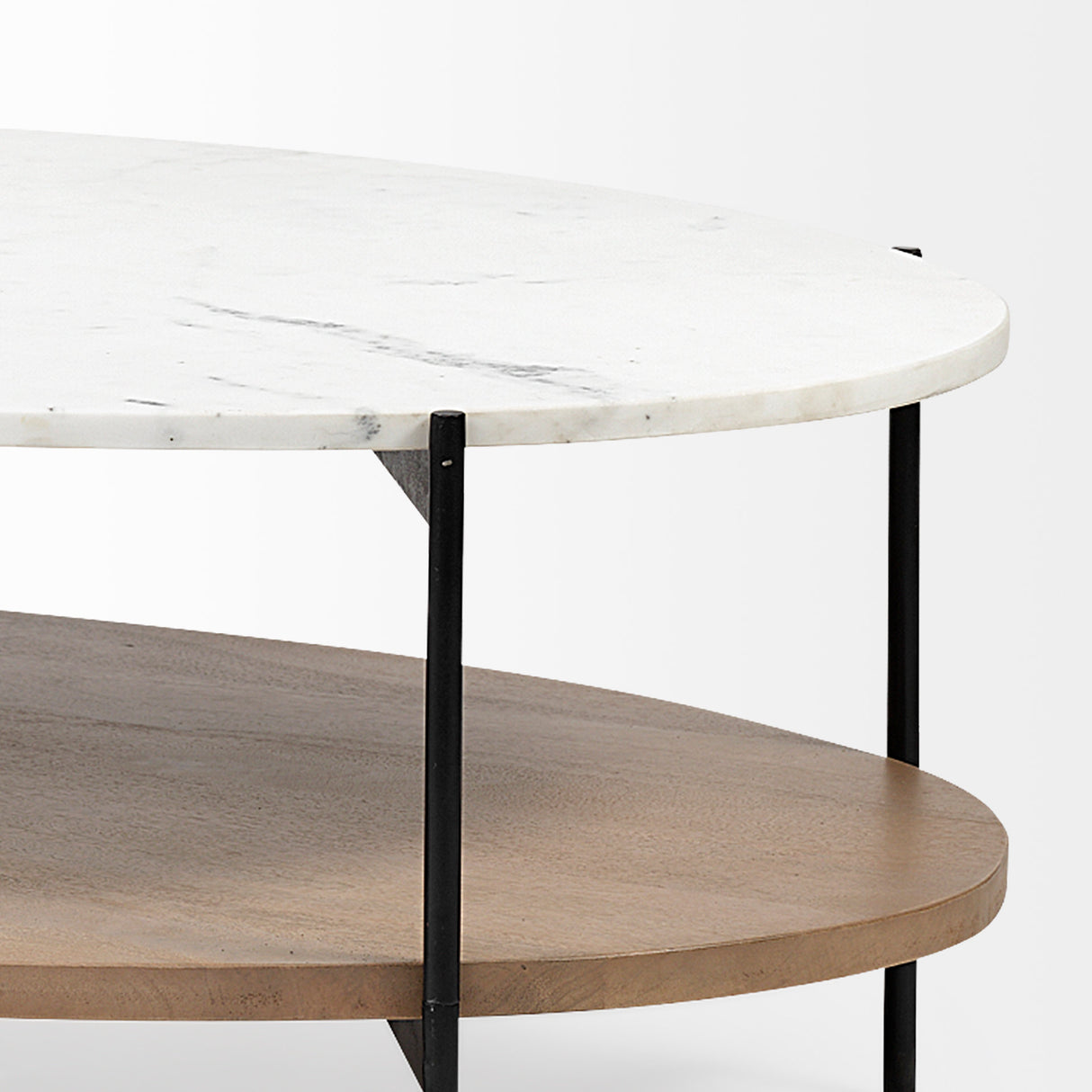 Larkin 48" Oval White Marble Top and Solid Wood Shelf w/ Black Metal Frame Coffee Table from Mercana - Luna Furniture