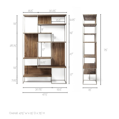 Morris III 47.25 X 15 X 75.5 Brown Wood and Silver Metal Frame 6 Shelf Shelving Unit from Mercana - Luna Furniture