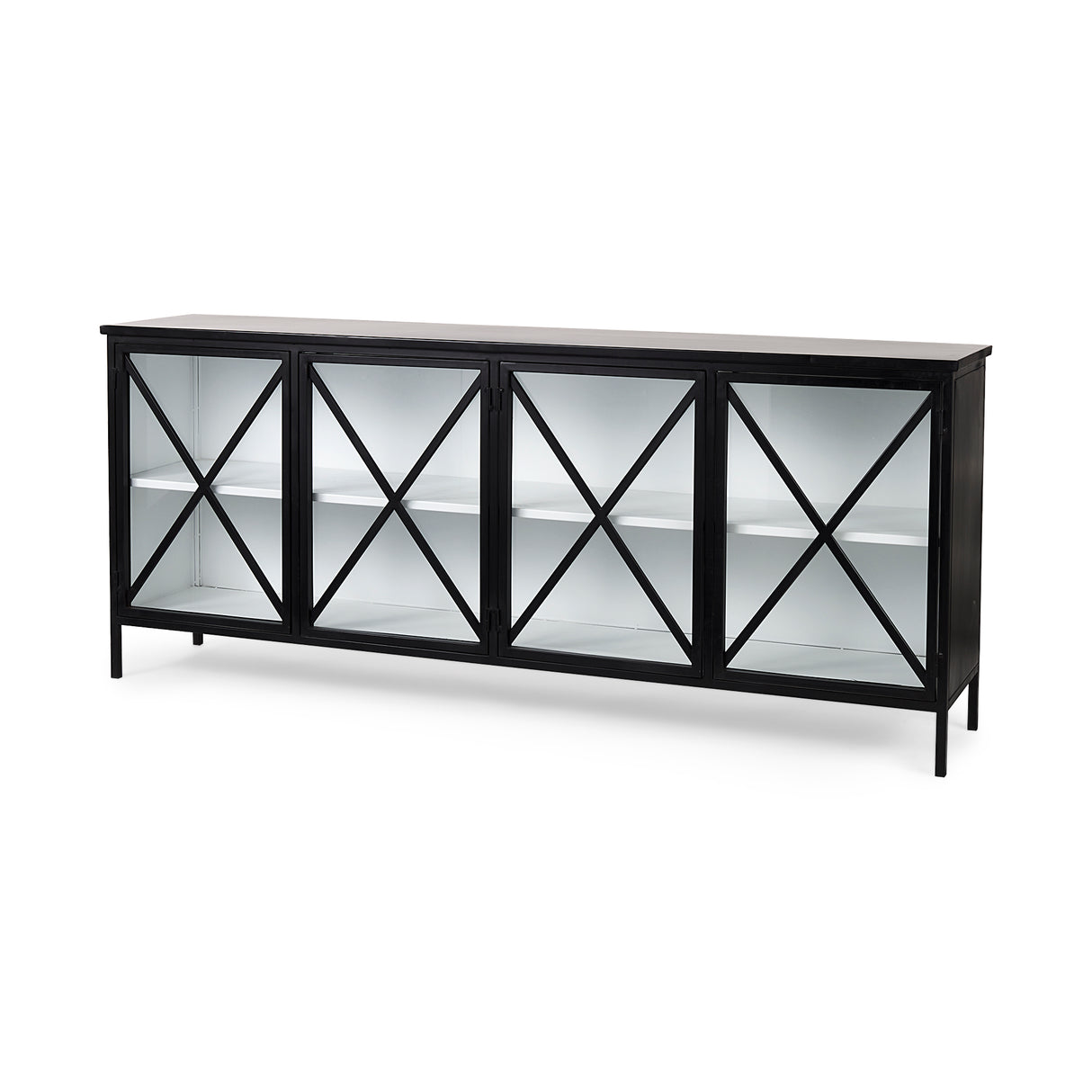 Aurelia 79.0L x 16.0W x 33.0H Black and White Metal Four Door Glass Cabinet from Mercana - Luna Furniture