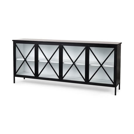 Aurelia 79.0L x 16.0W x 33.0H Black and White Metal Four Door Glass Cabinet from Mercana - Luna Furniture