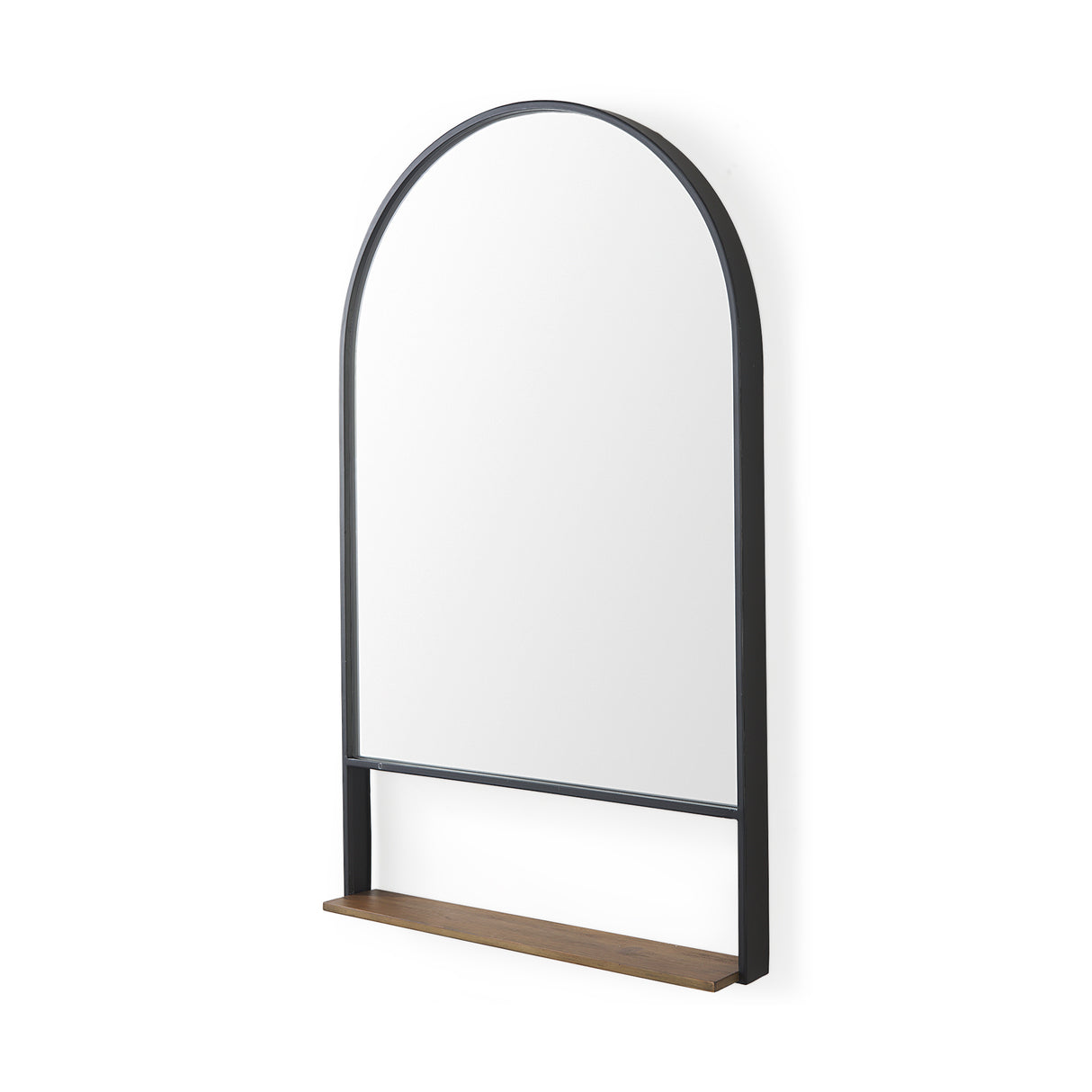Cora 24.0L x 3.9W x 40.0H Black Metal Frame W/ Brown Wooden Shelf Arched Wall Mirror from Mercana - Luna Furniture