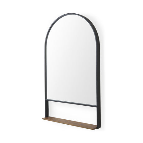 Cora 24.0L x 3.9W x 40.0H Black Metal Frame W/ Brown Wooden Shelf Arched Wall Mirror from Mercana - Luna Furniture