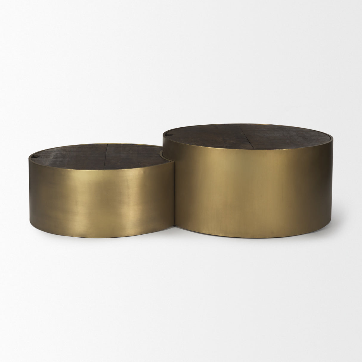 Eclipse Antique Brass Metal Drum Base w/ Dark Brown Wood Top Nested Coffee Table from Mercana - Luna Furniture