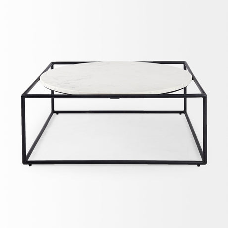 Austen 36L x 36W x 14.5H Round White Marble Top W/ Black Metal Frame Coffee Table from Mercana - Luna Furniture