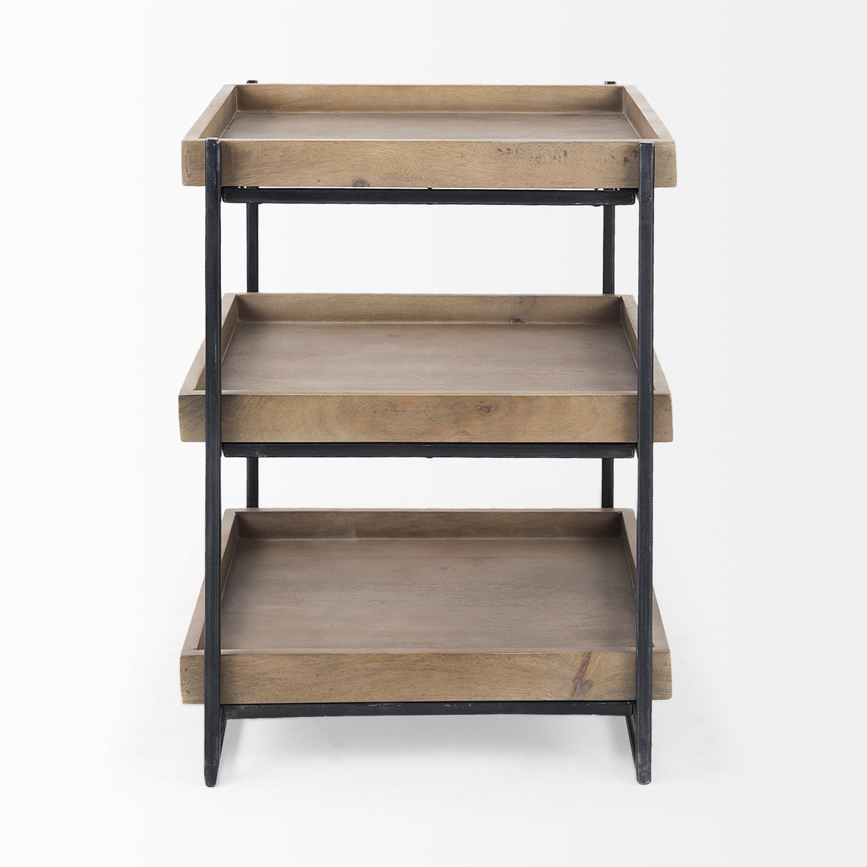 Trey III 20" x 26" Square Medium Brown Wooden Three-Tiered Black Iron Frame End/Side Table from Mercana - Luna Furniture