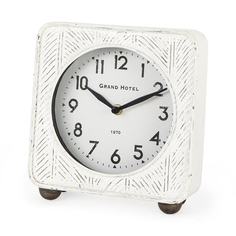 Karl 8.0L x 2.8W x 8.8H Rustic White Iron Rounded Square Table Clock from Mercana - Luna Furniture