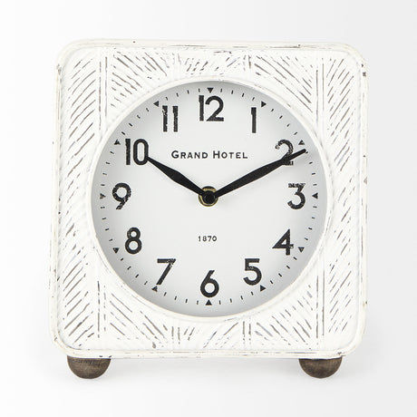 Karl 8.0L x 2.8W x 8.8H Rustic White Iron Rounded Square Table Clock from Mercana - Luna Furniture