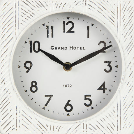 Karl 8.0L x 2.8W x 8.8H Rustic White Iron Rounded Square Table Clock from Mercana - Luna Furniture