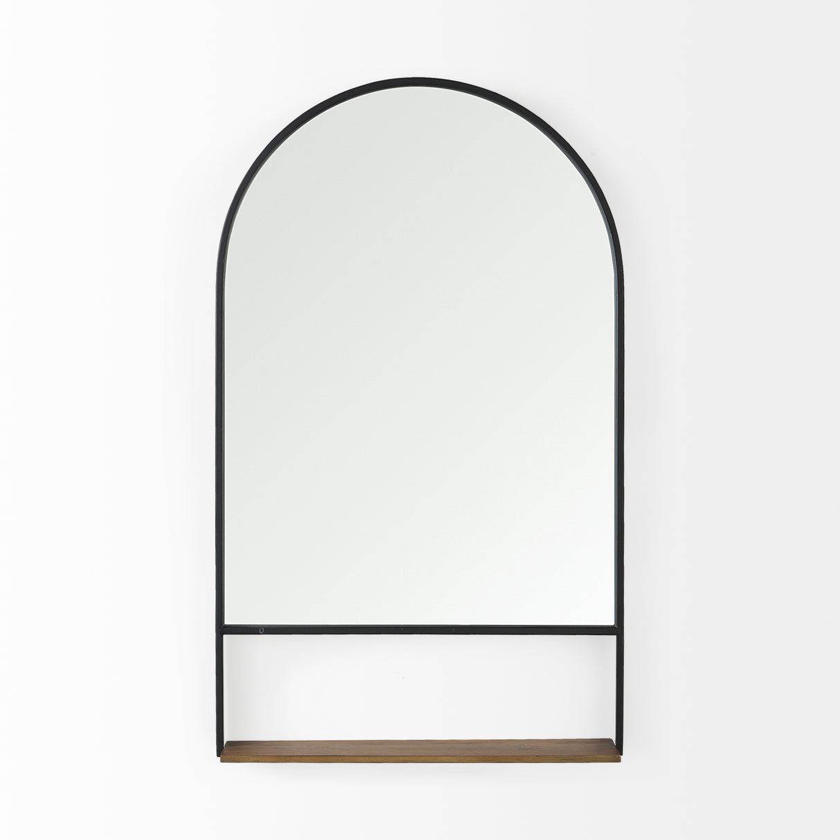 Cora 24.0L x 3.9W x 40.0H Black Metal Frame W/ Brown Wooden Shelf Arched Wall Mirror from Mercana - Luna Furniture