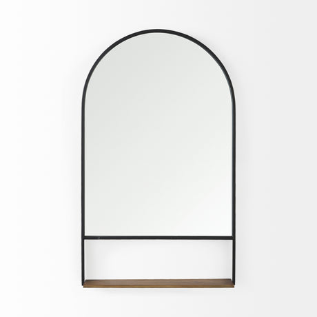 Cora 24.0L x 3.9W x 40.0H Black Metal Frame W/ Brown Wooden Shelf Arched Wall Mirror from Mercana - Luna Furniture