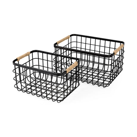 Marius (Set of 2) Matte Black Metal W/ Rope Trim Rectangular Baskets from Mercana - Luna Furniture