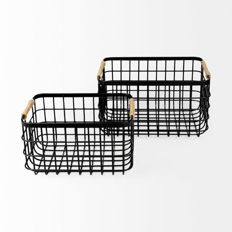 Marius (Set of 2) Matte Black Metal W/ Rope Trim Rectangular Baskets from Mercana - Luna Furniture