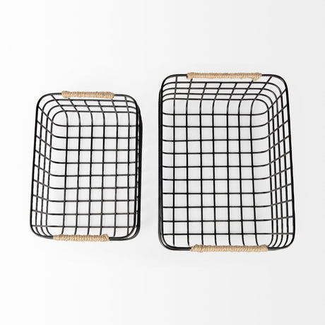 Marius (Set of 2) Matte Black Metal W/ Rope Trim Rectangular Baskets from Mercana - Luna Furniture