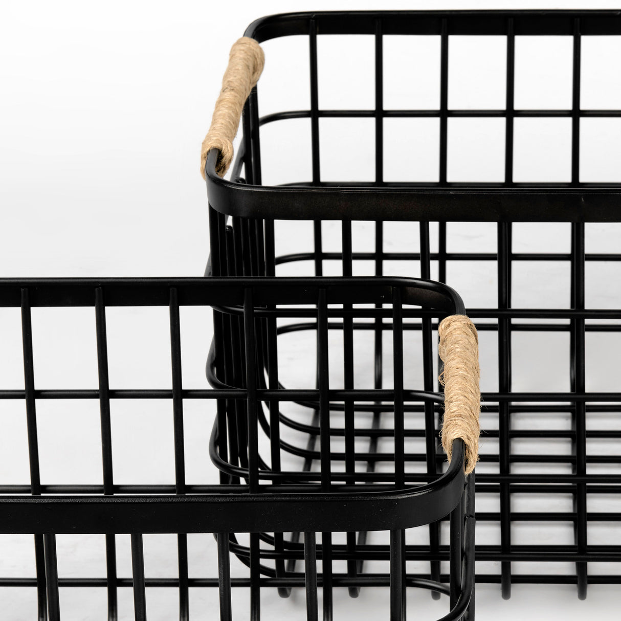 Marius (Set of 2) Matte Black Metal W/ Rope Trim Rectangular Baskets from Mercana - Luna Furniture