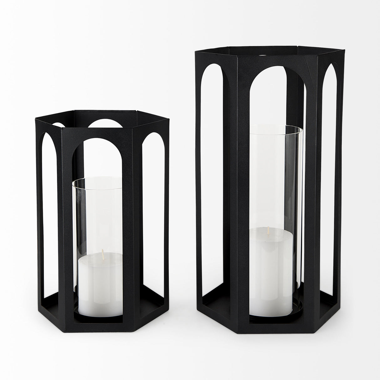 Balley 9.4L x 9.4W x 19.7H Set of Two Matte Black Metal Hexagonal Candle Holder Lanterns from Mercana - Luna Furniture