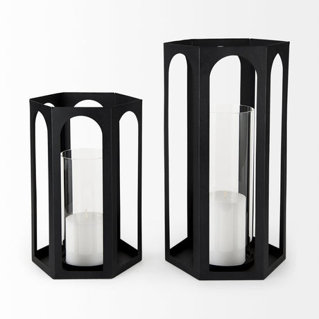 Balley 9.4L x 9.4W x 19.7H Set of Two Matte Black Metal Hexagonal Candle Holder Lanterns from Mercana - Luna Furniture