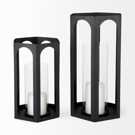 Balley 9.4L x 9.4W x 19.7H Set of Two Matte Black Metal Hexagonal Candle Holder Lanterns from Mercana - Luna Furniture