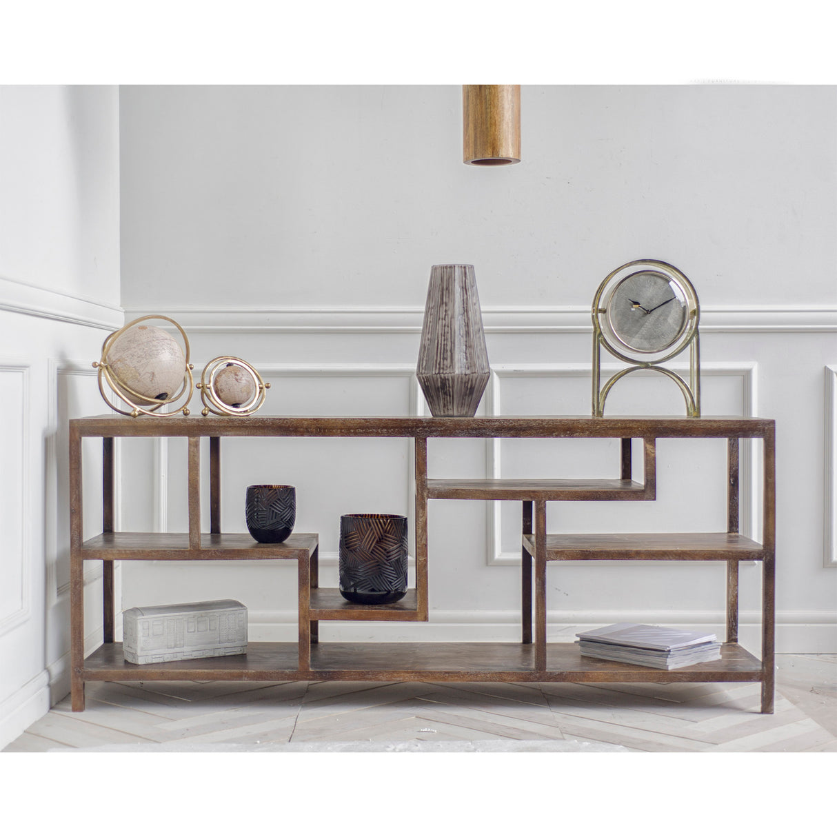 Wright I 16L x 66W Brown Wood Multi-Level Shelf Console Table from Mercana - Luna Furniture