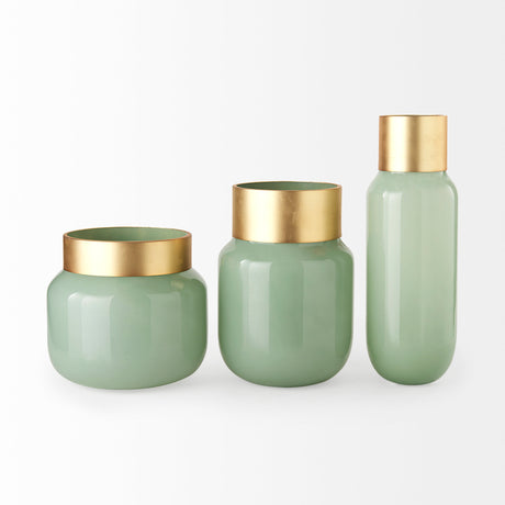 Minty Medium 8.7L x 8.7W x 12.4H Green Glass Vase W/Matte Gold Metal Neck Cuff from Mercana - Luna Furniture