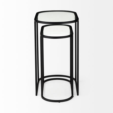 Celine 24.2 L x 12.6 W x 22.4 H Set of Two Black/Silver Metal and Glass Nesting Accent Tables from Mercana - Luna Furniture