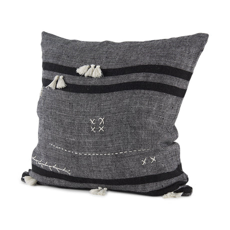 Sibyl 18L x 18W Black Fabric Striped and White Fringed Decorative Pillow Cover from Mercana - Luna Furniture