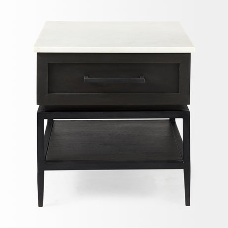 Divina Black-Brown Wood w/ White Marble Top and Black Metal Base 1 Drawer Side Table from Mercana - Luna Furniture