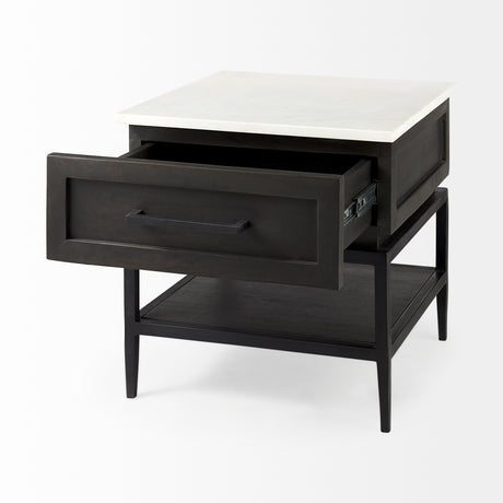 Divina Black-Brown Wood w/ White Marble Top and Black Metal Base 1 Drawer Side Table from Mercana - Luna Furniture