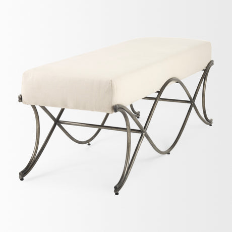 Ayla 55L x 17.6W x 18H Cream Fabric Seat W/ Antique Nickel Frame Bench from Mercana - Luna Furniture
