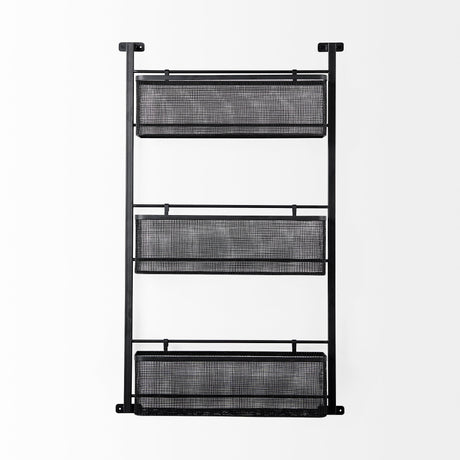 Macrinus 23.4L x 5.5W x 38.6H Black Metal W/Mesh Wall Mounted Shelf from Mercana - Luna Furniture