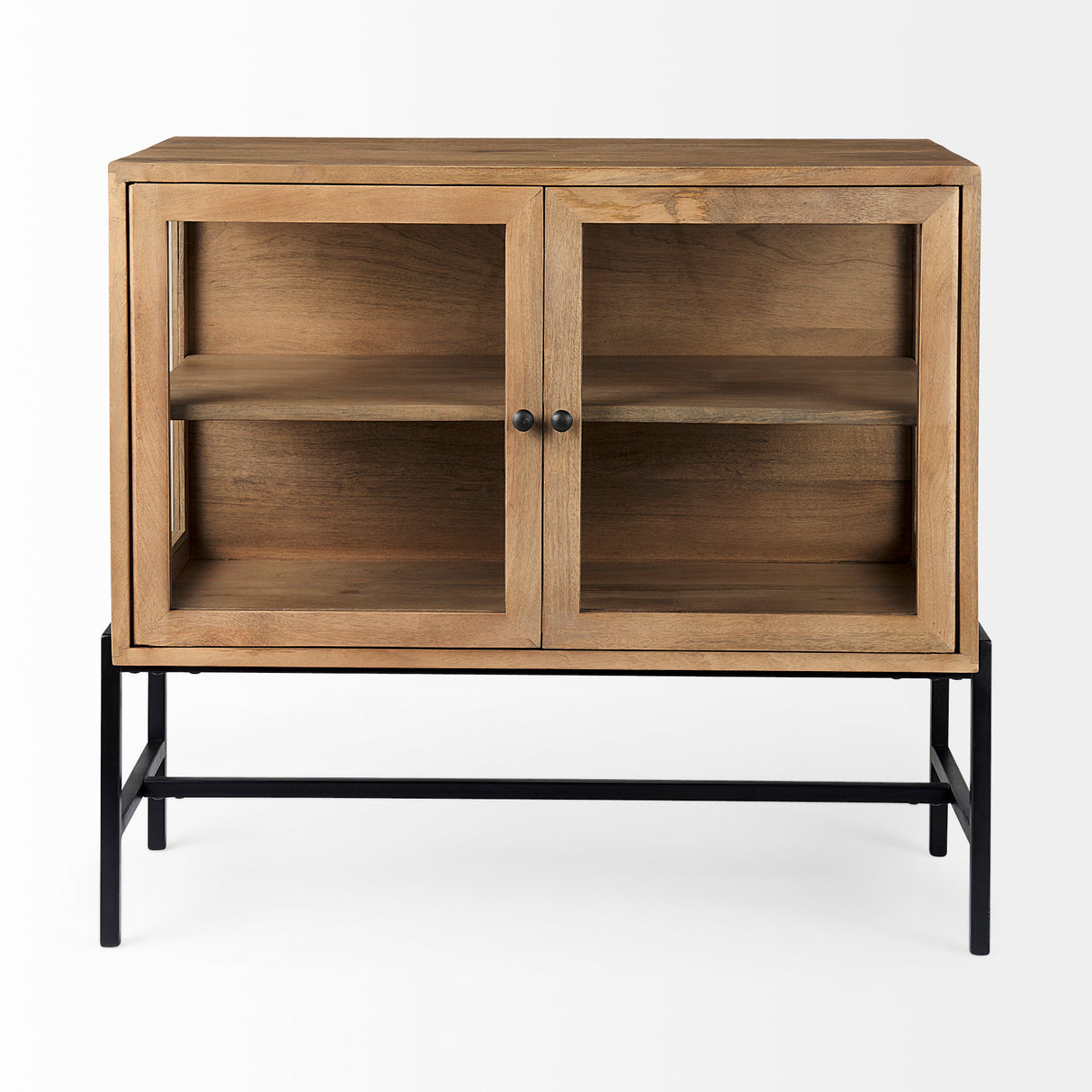 Arelius 36L x 18W x 32H Light Brown Wood, Black Metal Base w/ 2 Glass Doors Accent Cabinet from Mercana - Luna Furniture