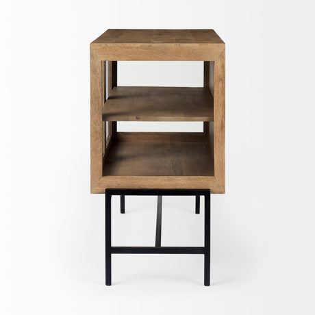Arelius 36L x 18W x 32H Light Brown Wood, Black Metal Base w/ 2 Glass Doors Accent Cabinet from Mercana - Luna Furniture