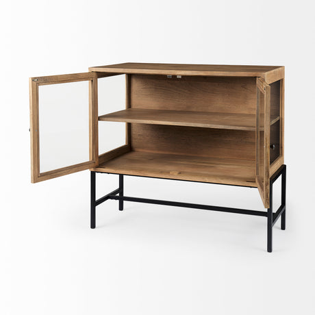 Arelius 36L x 18W x 32H Light Brown Wood, Black Metal Base w/ 2 Glass Doors Accent Cabinet from Mercana - Luna Furniture