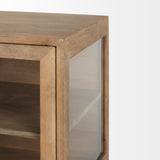 Arelius 36L x 18W x 32H Light Brown Wood, Black Metal Base w/ 2 Glass Doors Accent Cabinet from Mercana - Luna Furniture