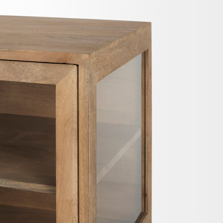 Arelius 36L x 18W x 32H Light Brown Wood, Black Metal Base w/ 2 Glass Doors Accent Cabinet from Mercana - Luna Furniture