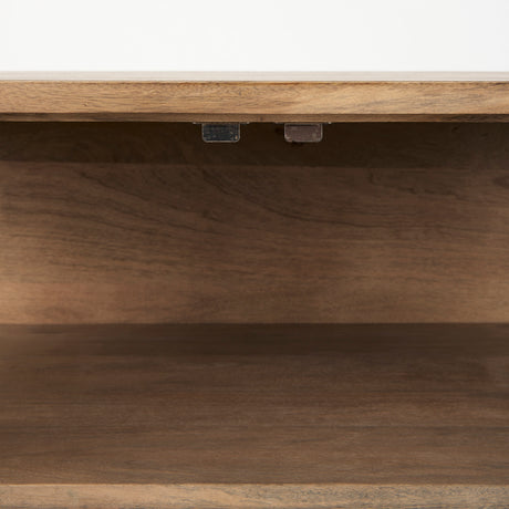 Arelius 36L x 18W x 32H Light Brown Wood, Black Metal Base w/ 2 Glass Doors Accent Cabinet from Mercana - Luna Furniture