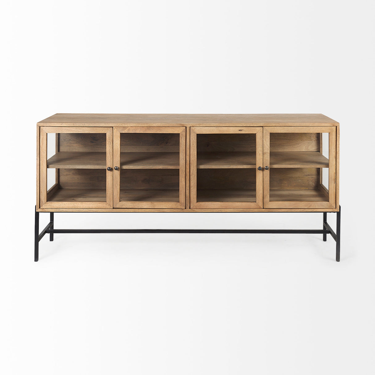 Arelius 70L x 18.75W x 32H Light Brown Wood, Black Metal Base w/ 4 Glass Cabinet Doors Sideboard from Mercana - Luna Furniture