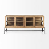 Arelius 70L x 18.75W x 32H Light Brown Wood, Black Metal Base w/ 4 Glass Cabinet Doors Sideboard from Mercana - Luna Furniture