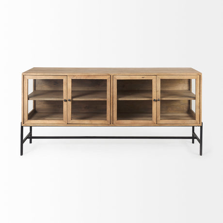 Arelius 70L x 18.75W x 32H Light Brown Wood, Black Metal Base w/ 4 Glass Cabinet Doors Sideboard from Mercana - Luna Furniture